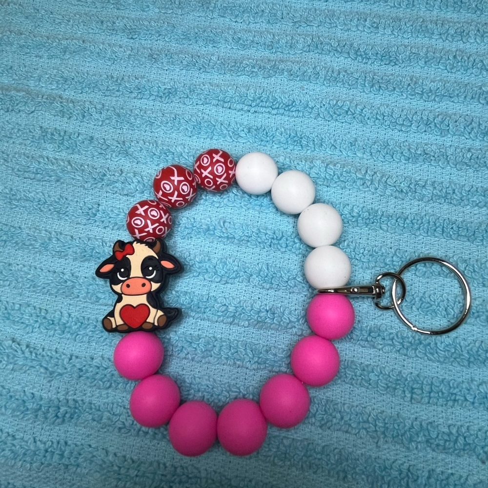 Pink and White Beaded Keychain with Cow Charm